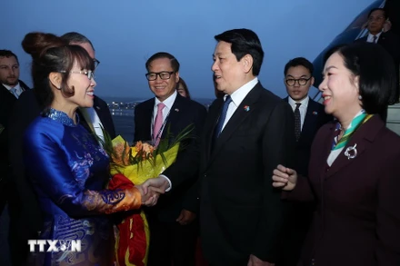 Các đại biểu đón Chủ tịch nước Lương Cường và Phu nhân tại sân bay Boeing Field Seattle, bang Washington (Hoa Kỳ). (Ảnh: TTXVN)