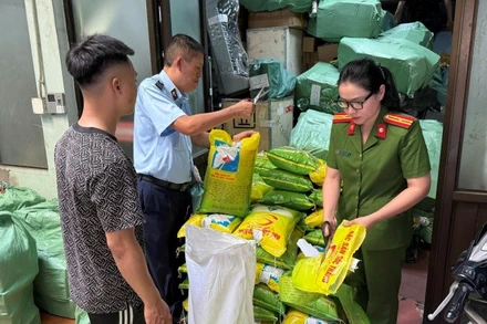 Lực lượng chức năng trong Ban Chỉ đạo 389 thành phố Hà Nội kiểm tra hộ kinh doanh có hành vi xâm phạm quyền sở hữu trí tuệ đối với nhãn hiệu gạo ST25.