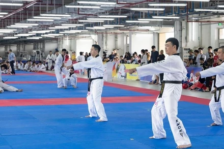 Các thí sinh thể hiện bài thi tại kỳ thi thăng đẳng quốc gia tại Hà Nội.