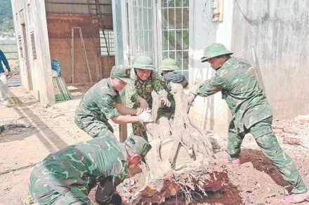 Cán bộ, chiến sĩ sửa nhà giúp dân.