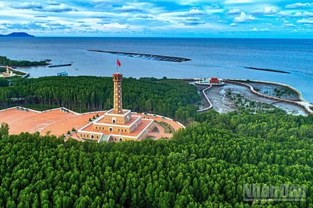 Một góc Khu du lịch Đất Mũi nhìn ra cụm đảo Hòn Khoai, nơi có thể nhìn mặt trời mọc trên Biển Đông và lặn ở Biển Tây.