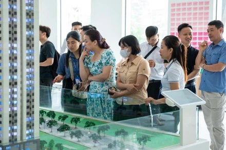 Người dân tìm hiểu mô hình nhà ở xã hội, được xây dựng trên đường Lê Thánh Tông, thành phố Hải Phòng. (Ảnh Thu Hằng)