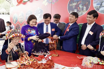 Phó Chủ tịch UBND tỉnh Phùng Thị Kim Nga và các đại biểu tham quan các khu trưng bày giới thiệu nét đẹp văn hoá, sản phẩm, món ăn đặc sắc của địa phương.