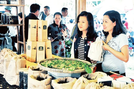 Lâm Đồng giới thiệu các loại cà phê tại hội chợ hàng nông sản. Ảnh: Hải Nam