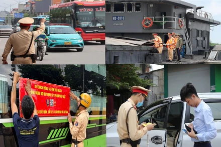 Lực lượng chức năng Công an Hà Nội kiểm tra phương tiện kinh doanh vận tải. (Ảnh PHẠM ĐÔNG-AN TRẠCH) 