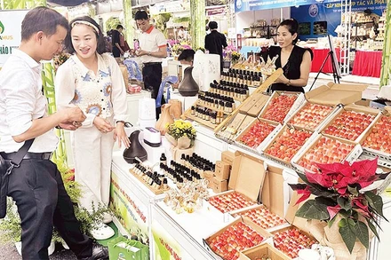 Gian hàng nông sản của doanh nghiệp nhỏ tại một hội chợ mới đây ở thành phố (Ảnh HOÀNG LIÊM)