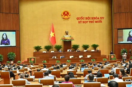 Bộ trưởng Y tế Đào Hồng Lan trình bày Tờ trình Dự thảo Nghị quyết của Quốc hội. (Nguồn QUOCHOI.VN)