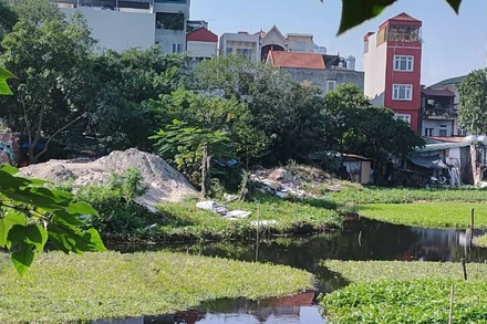 Ao Hoàng Giáp trong ngõ 99 Định Công Hạ (phường Định Công, Hà Nội) bị lấn chiếm, dựng nhà tạm và tập kết vật liệu xây dựng. (Ảnh VĂN HỌC)