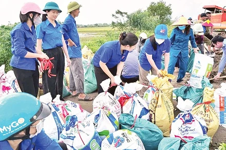 Đoàn viên, thanh niên tình nguyện xã Nam Phù cùng lực lượng chức năng và người dân đắp bao tải cát chắn nước từ sông Hồng tràn vào các thôn.