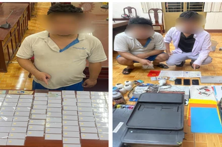 Đối tượng B, H cùng phương tiện, thiết bị để làm giả giấy tờ. 