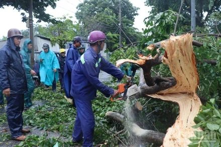 Lực lượng chức năng phường Trấn Biên khắc phục hậu quả do dông lốc gây ra.