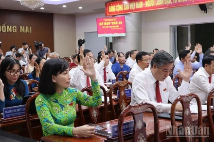 Các đại biểu Hội đồng nhân dân tỉnh Đồng Nai biểu quyết thông qua Nghị quyết tại kỳ họp.