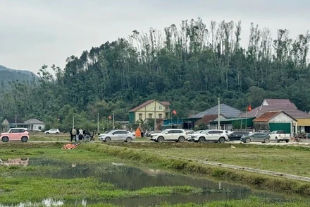 Hàng chục ô-tô từ khắp nơi đổ về khu vực đấu giá đất Rú Cụp-Nam Lĩnh xã Đại Huệ, tỉnh Nghệ An.