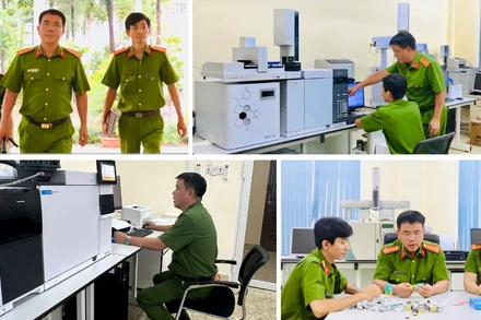 Thượng tá Nguyễn Hoàng Hà, Phó Phân viện trưởng Phân viện Khoa học hình sự tại Thành phố Hồ Chí Minh (C09B) và đồng nghiệp.