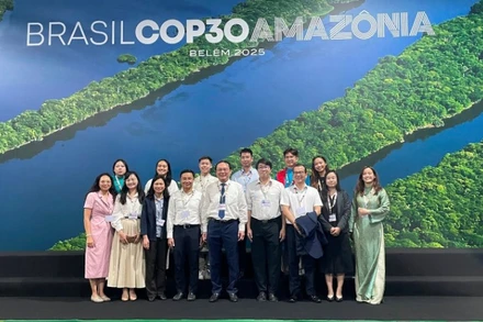 Đoàn đại diện thanh, thiếu niên Việt Nam tham dự COP30 chụp ảnh kỷ niệm cùng Thứ trưởng Nông nghiệp và Môi trường Lê Công Thành tại Brazil.