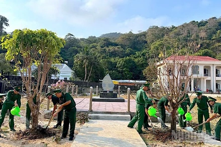 Cán bộ, chiến sĩ Đồn Biên phòng Hòn Khoai tham gia trồng cây sau lễ phát động phong trào. 