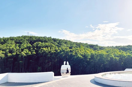 Khu vực sân thượng của tòa kiến trúc chính- Không gian tưởng niệm Lê Bá Đảng với các module phái sinh từ tác phẩm của ông.