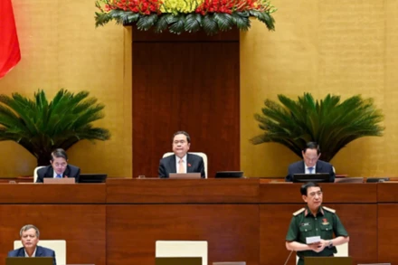 Đại tướng Phan Văn Giang, Bộ trưởng Quốc phòng phát biểu giải trình, làm rõ một số vấn đề đại biểu Quốc hội nêu. (Ảnh DUY LINH)