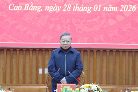 Tổng Bí thư Tô Lâm phát biểu tại buổi làm việc với Ban Chấp hành Đảng bộ tỉnh Cao Bằng. (Ảnh: Thống Nhất/TTXVN)