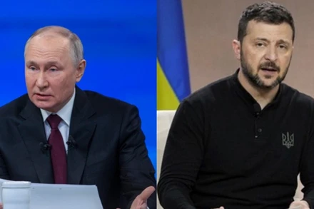 Tổng thống Nga Vladimir Putin (trái) và Tổng thống Ukraine Volodymyr Zelensky. (Ảnh: Xinhua)