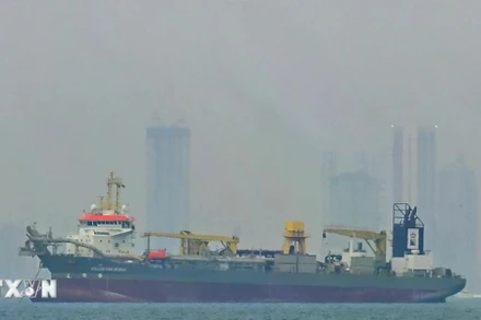 Tàu chở hàng thả neo ngoài khơi bờ biển Các tiểu vương quốc Arab Thống nhất (UAE) do tuyến đường hàng hải bị gián đoạn ở eo biển Hormuz khi xung đột bùng phát giữa Mỹ-Israel và Iran. (Ảnh: Anadolu Agency/TTXVN) 