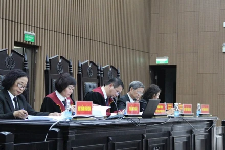 Hội đồng xét xử phiên sơ thẩm nghe Viện Kiểm sát luận tội.