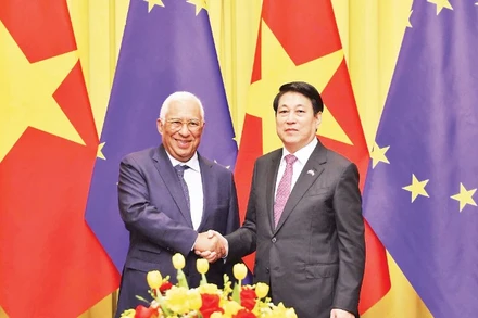 Chủ tịch nước Lương Cường và Chủ tịch Hội đồng châu Âu Antonio Costa dự hội đàm. (Ảnh TTXVN)