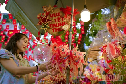 Người dân chọn lựa đồ chơi Trung Thu trên phố Hàng Mã.