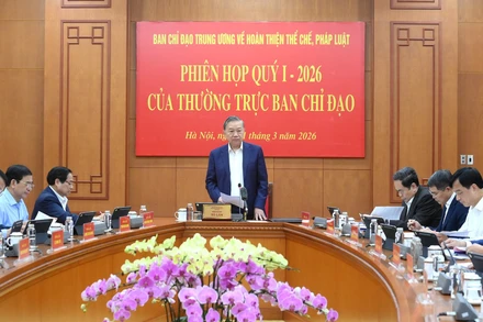 Tổng Bí thư Tô Lâm chủ trì phiên họp quý I/2026 của Thường trực Ban Chỉ đạo Trung ương về hoàn thiện thể chế, pháp luật. (Ảnh: ĐĂNG KHOA)