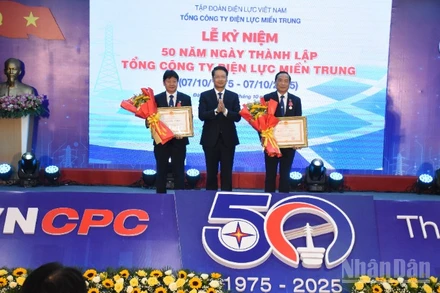 Ông Ngô Xuân Thắng, Phó Bí thư Thành ủy Đà Nẵng thừa ủy quyền Chủ tịch nước, trao Huân chương Lao động hạng Ba cho ông Trình Trung Phương và ông Lê Duy Anh Tuấn. (Ảnh: ANH ĐÀO)