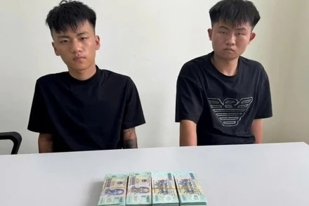 Hai đối tượng và tang vật vụ trộm. (Ảnh: Công an cung cấp)