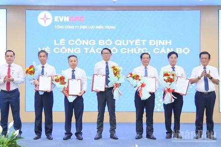 Lãnh đạo 6 Công ty điện lực mới được thành lập trên cơ sở sáp nhập các đơn vị hành chính nhận Quyết định do lãnh đạo EVNCPC trao tại buổi lễ. (Ảnh: ĐÌNH TĂNG)