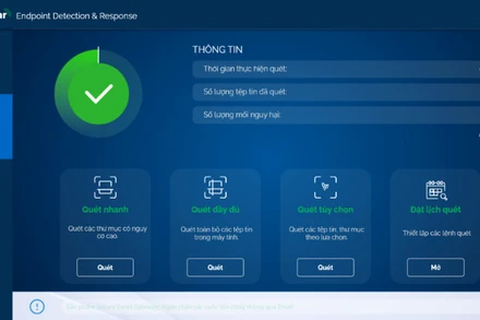 Màn hình quét mã độc của CyRadar EDR hiển thị thời gian quét, số lượng tệp đã kiểm tra và các chế độ quét như quét nhanh, quét đầy đủ, quét tùy chọn và đặt lịch quét.