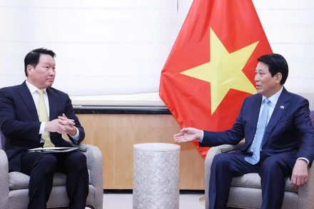 Chủ tịch nước Lương Cường tiếp Chủ tịch Tập đoàn SK, Chủ tịch Hiệp hội Thương mại và Công nghiệp Hàn Quốc Chey Tae-won. (Ảnh: TTXVN) 