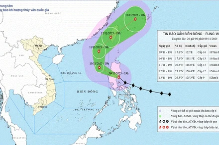 Bản đồ dự báo quỹ đạo và cường độ bão Fung-Wong phát lúc 20 giờ ngày 9/11.