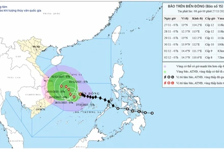 Bản đồ dự báo quỹ đạo và cường độ bão số 15 phát lúc 8 giờ ngày 27/11.