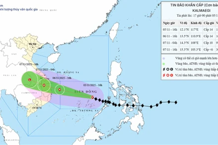 Bản đồ dự báo quỹ đạo và cường độ bão số 13 (Kalmaegi) lúc 17 giờ ngày 05/11.