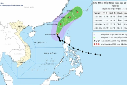 Bản đồ dự báo quỹ đạo và cường độ bão số 14 phát lúc 5 giờ ngày 11/11.