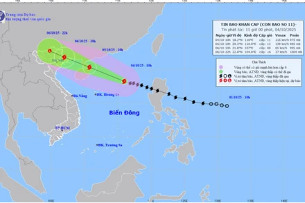  Bản đồ dự báo quỹ đạo và cường độ bão số 11 phát lúc 11 giờ ngày 4/10.