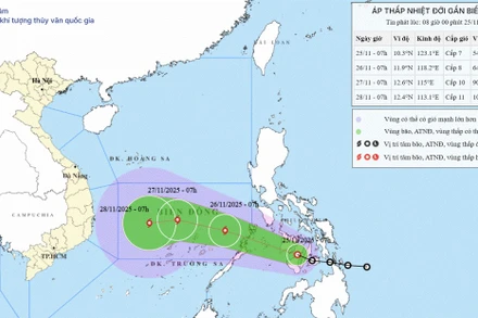 Bản đồ dự báo quỹ đạo và cường độ áp thấp nhiệt đới phát lúc 8 giờ ngày 25/11.
