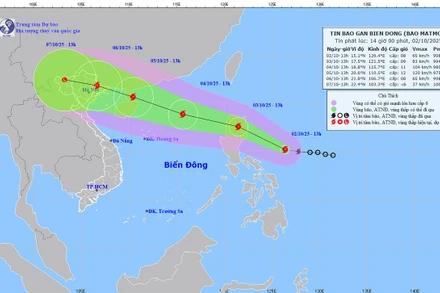  Bản đồ dự báo quỹ đạo và cường độ bão phát lúc 14 giờ ngày 2/10.