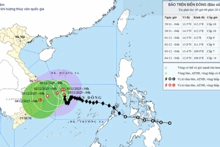 Bản đồ dự báo quỹ đạo và cường độ bão số 15 phát lúc 5 giờ ngày 29/11.