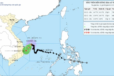 Bản đồ dự báo quỹ đạo và cường độ bão số 15 phát lúc 11 giờ ngày 1/12.