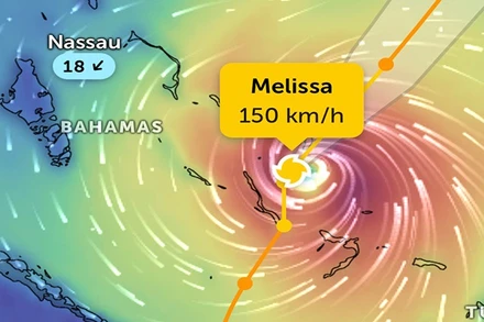Vị trí bão Melissa lúc 7 giờ 40 phút sáng 30/10. (Ảnh Zoom Earth)