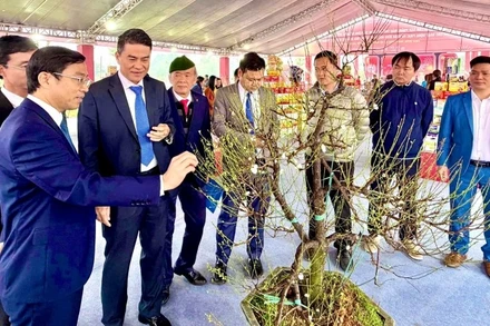 Sản phẩm hoa mai trắng (nhất chi mai) của làng nghề An Hòa, xã Suối Hai được giới thiệu, quảng bá tại triển lãm.