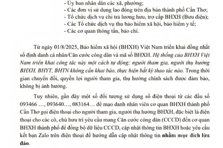 Công văn cảnh báo mạo danh nhân viên cơ quan Bảo hiểm xã hội thành phố Cần Thơ. 