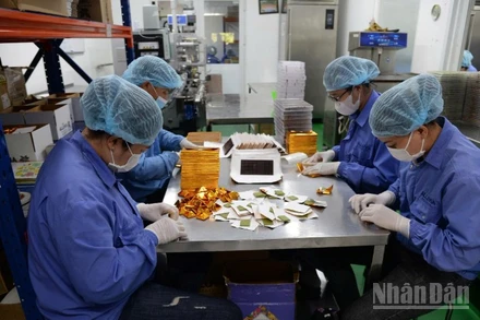 Công nhân Công ty trách nhiệm hữu hạn ca cao Xuân Ron Chợ Gạo đang làm ca cao thành phẩm.