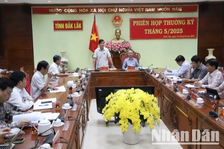 Quyền chủ tịch Ủy ban nhân dân tỉnh Đắk Lắk Nguyễn Thiên Văn phát biểu tại phiên họp thường kỳ tháng 5/2025.