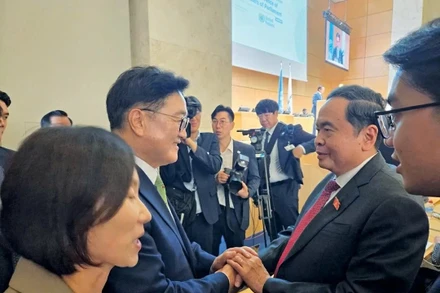 Chủ tịch Quốc hội Trần Thanh Mẫn gặp Chủ tịch Quốc hội Hàn Quốc Woo Won Shik nhân dịp tham dự Hội nghị các Chủ tịch Quốc hội thế giới lần thứ 6 tại Geneva, Thụy Sỹ, tháng 7/2025. (Ảnh: Báo Đại biểu Nhân dân)