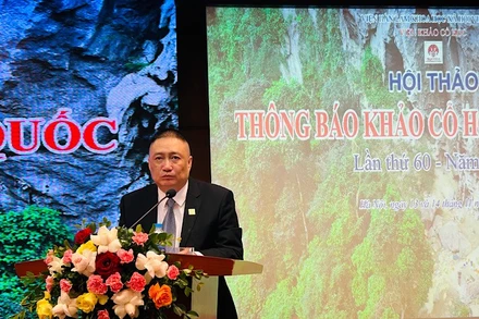 Tiến sĩ Hà Văn Cẩn, Viện trưởng Viện Khảo cổ học, phát biểu khai mạc hội thảo.